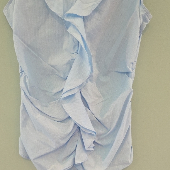 New York & Company Stretch Light Blue Ruched Ruffled Blouse Size Small - Picture 3 of 10